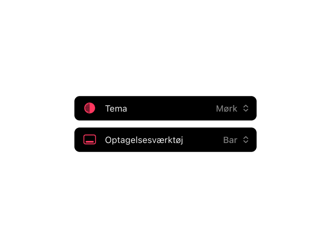 Frames filmfotografi-app, der viser centraliseret indstillingsside til udstyr og app-præferencer