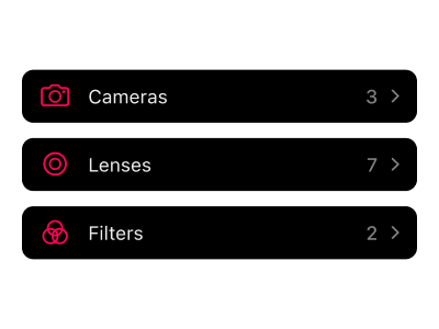 Frames analog fotografi app der præsenterer udstyrsindstillinger med kamera-, objektiv- og filterdetaljer til styring af analogt fotoudstyr.