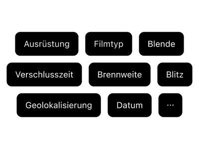 Vollständige Film-Metadaten-Tracking-Felder: Kameraausrüstung, Filmtyp, Blende, Brennweite, Verschlusszeit, ISO, Blitzeinstellungen und GPS-Standortdaten.