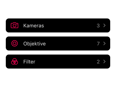 Fotoausrüstungs-Verwaltungsoberfläche zum Katalogisieren und Organisieren von Filmkameras, Objektiven, Filtern und Zubehör in Ihrem Aufnahme-Workflow.
