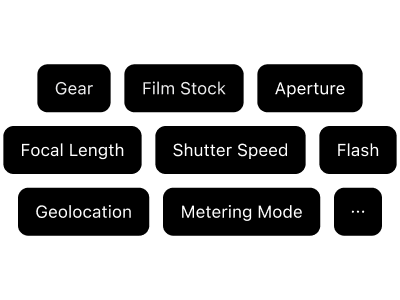  camera gear, film stock, aperture, focal length, shutter speed, ISO, flash settings, and GPS location data.