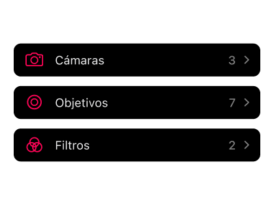 Interfaz de gestión de equipo fotográfico para catalogar y organizar cámaras de película, lentes, filtros y accesorios en tu flujo de trabajo fotográfico.