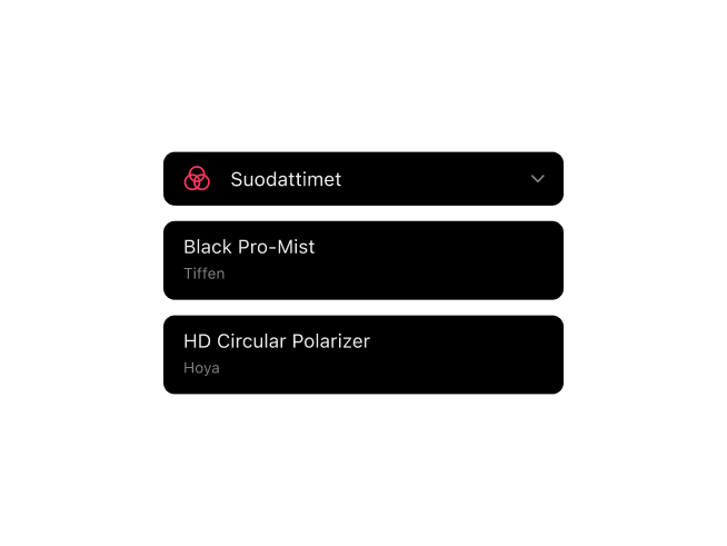 Frames-filmivalokuvaussovellus, joka näyttää suotimien kirjaamisen tuen UV-, ND- ja CPL-suotimille