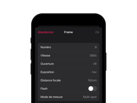 Frames application photo argentique pour Mac et iPhone, conçue pour enregistrer les pellicules, gérer les métadonnées et archiver les photos analogiques.