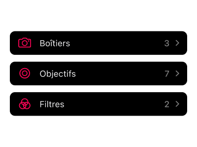 Interface de gestion d'équipement photographique pour cataloguer et organiser les appareils photo argentiques, objectifs, filtres et accessoires dans votre flux de travail de prise de vue.