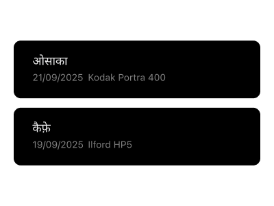 फिल्म रोल आर्काइव लाइब्रेरी जो रोल नाम, कैप्चर तारीखों और फिल्म स्टॉक विवरण के साथ व्यवस्थित शूटिंग सत्र प्रदर्शित करती है, आसान संदर्भ और समीक्षा के लिए।