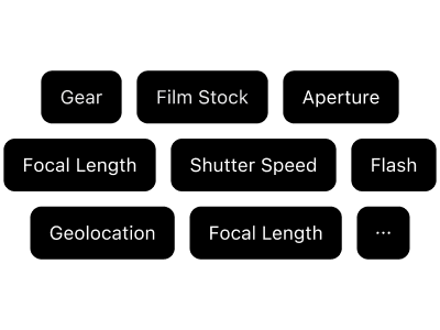 Aplikasi fotografi analog Frames menampilkan opsi metadata terperinci termasuk eksposur, jenis film, kamera, lensa, dan kondisi pemotretan.