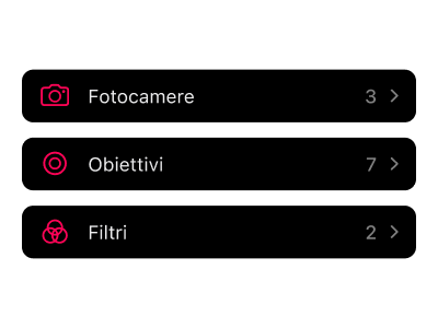 Interfaccia di gestione dell'attrezzatura fotografica per catalogare e organizzare fotocamere analogiche, obiettivi, filtri e accessori nel tuo flusso di lavoro fotografico.