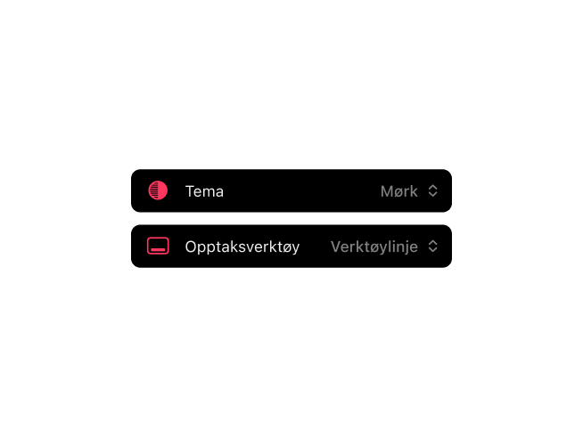 Frames filmfotografiapp som viser sentralisert innstillingsside for utstyr og app-preferanser