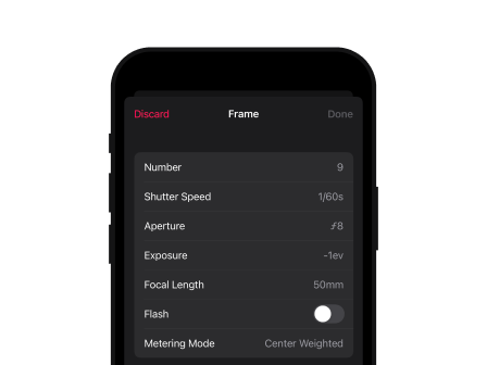 Frames filmfotografi app for Mac og iPhone, designet for å logge filmruller, administrere metadata og arkivere analoge bilder.
