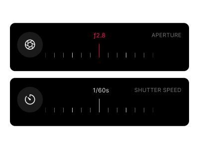 Frames filmfotografi app viser opptaksgrensesnitt med lukkertid og blendervalg for logging av filmeksponeringer.
