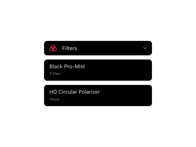 Frames filmfotografie-app met filterregistratie voor UV-, ND- en CPL-filters