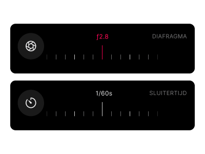 Filmcamera-opnameopnemer met sluitertijdknop en diafragmaselector voor snel loggen van belichtingsinstellingen tijdens analoge fotografie.