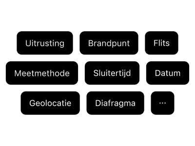 Volledige filmmetadata-volgvelden: camera-uitrusting, filmtype, diafragma, brandpuntsafstand, sluitertijd, ISO, flitsinstellingen en GPS-locatiegegevens.
