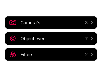 Fotografieapparatuur-beheerinterface voor catalogiseren en organiseren van filmcamera's, lenzen, filters en accessoires in je opnameworkflow.