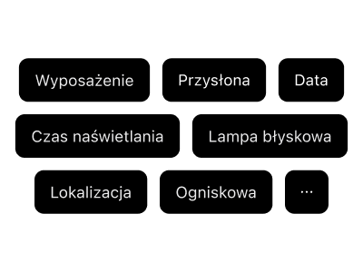 Pełne pola śledzenia metadanych filmu: sprzęt fotograficzny, typ filmu, przysłona, ogniskowa, czas naświetlania, ISO, ustawienia lampy błyskowej i dane lokalizacji GPS.