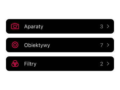 Interfejs zarządzania sprzętem fotograficznym do katalogowania i organizowania kamer filmowych, obiektywów, filtrów i akcesoriów w przepływie pracy fotograficznej.