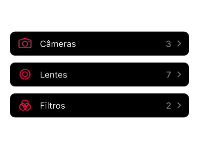 Interface de gerenciamento de equipamento fotográfico para catalogar e organizar câmeras analógicas, lentes, filtros e acessórios no seu fluxo de trabalho fotográfico.
