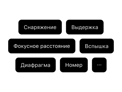 Полные поля отслеживания метаданных плёнки: оборудование камеры, тип плёнки, диафрагма, фокусное расстояние, выдержка, ISO, настройки вспышки и данные GPS-местоположения.