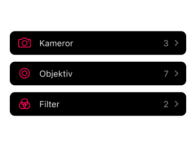Fotograferingsutrustningshanteringsgränssnitt för katalogisering och organisering av filmkameror, objektiv, filter och tillbehör i ditt fotograferingsarbetsflöde.