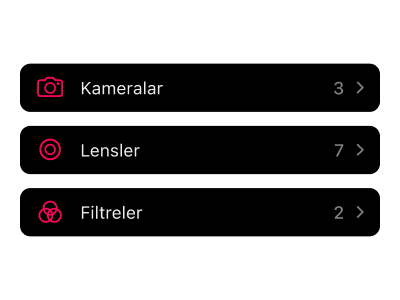 Çekim iş akışınızda film kameraları, lensleri, filtreleri ve aksesuarları kataloglamak ve düzenlemek için fotoğraf ekipmanı yönetim arayüzü.