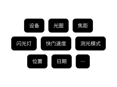 完整的胶片元数据跟踪字段：相机设备、胶片类型、光圈、焦距、快门速度、ISO、闪光灯设置和GPS位置数据。