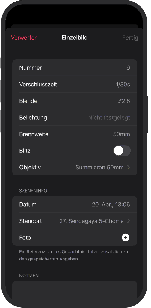 Ansicht der Einstellungen in der iOS-App mit Datum, Notizen und Karte für jedes Analogfoto