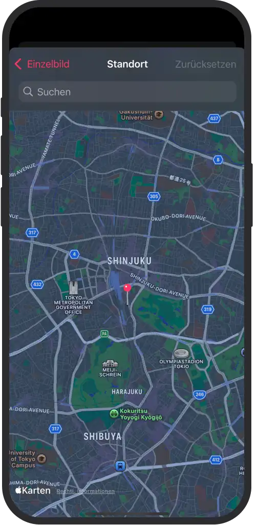 Karte in der iOS-App zeigt Fotos mit technischen Daten