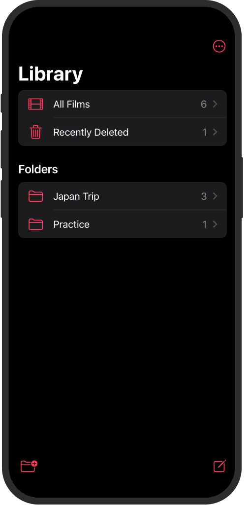 iOS app showing organized film rolls in folders, sorted by name and date