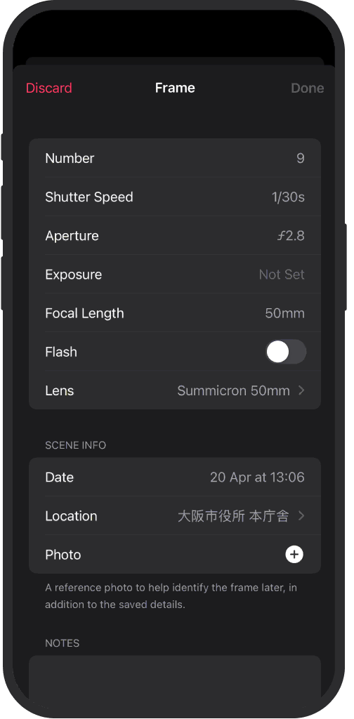 Shot settings view in iOS app with date, time, notes, and map location for each analog frame