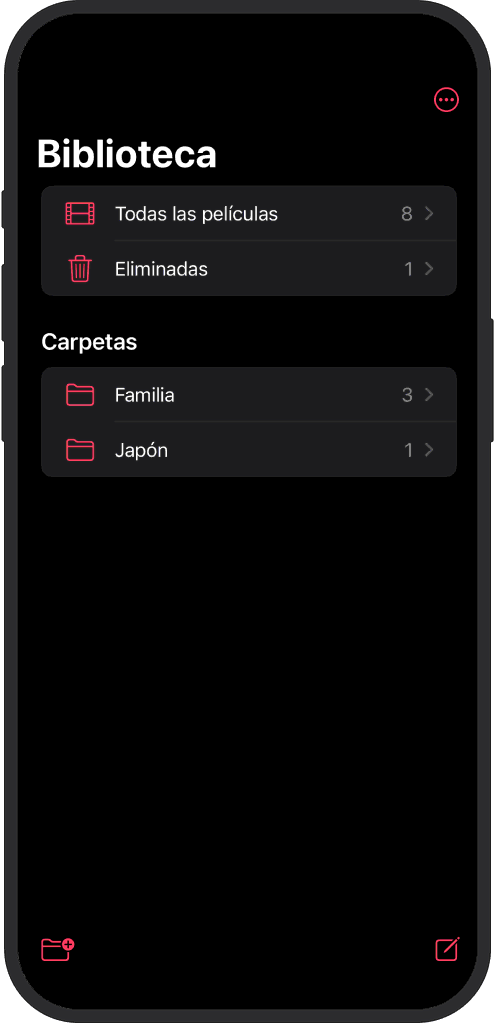 App iOS mostrando carretes organizados en carpetas, ordenados por nombre y fecha