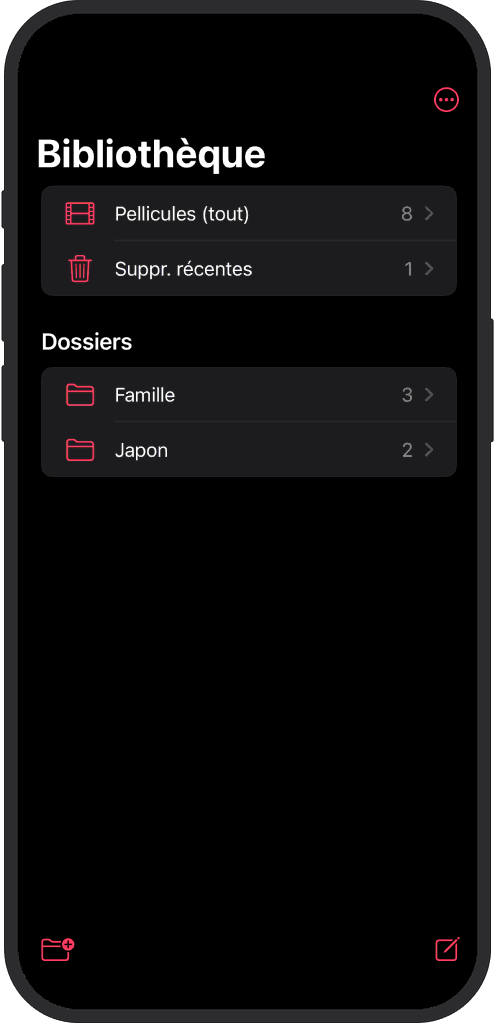 App iOS montrant des pellicules organisées dans des dossiers, triées par nom et date
