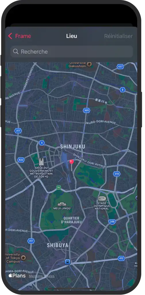 Carte dans l'app iOS localisant les photos avec leurs données techniques