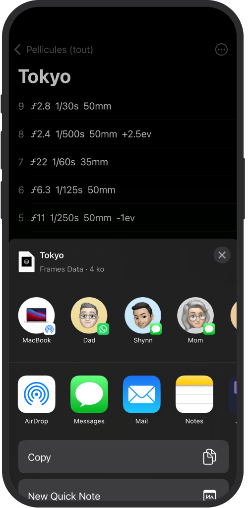 Écran d'export iOS montrant un fichier .frames prêt pour macOS