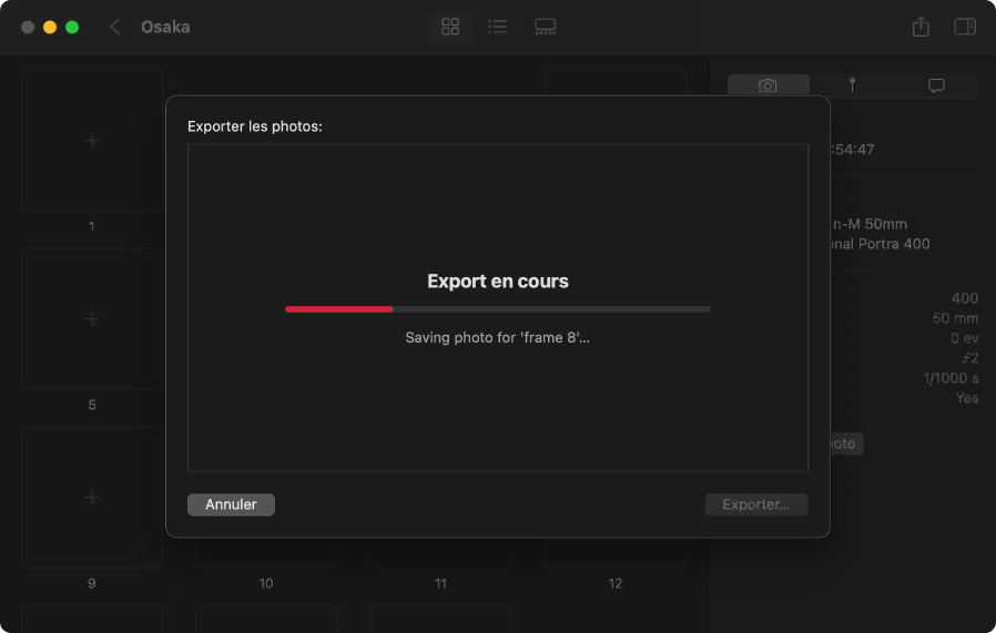 macOS exportant un scan avec métadonnées EXIF (appareil, objectif)