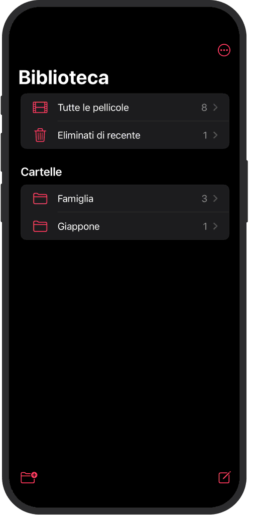 App iOS che mostra pellicole organizzate in cartelle, ordinate per nome e data