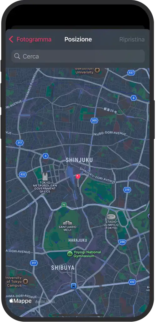 Mappa nell'app iOS che localizza foto con i loro dati tecnici