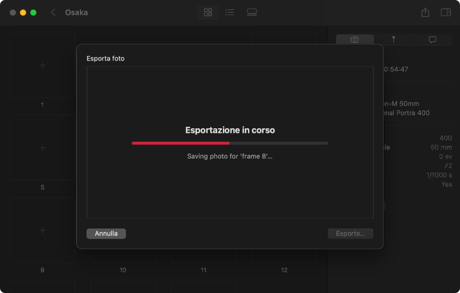 macOS che esporta una scansione con metadati EXIF (fotocamera, obiettivo)