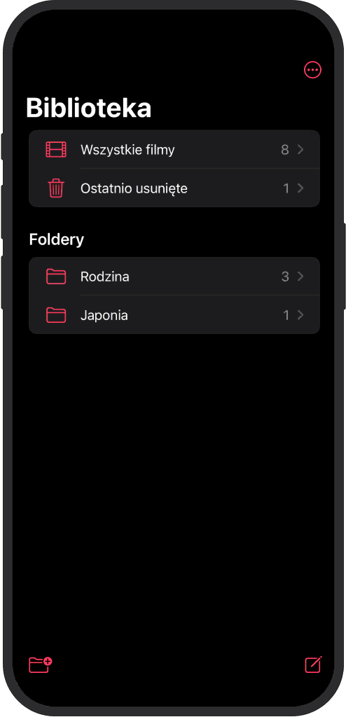 Aplikacja iOS pokazująca klisze zorganizowane w folderach, posortowane według nazwy i daty
