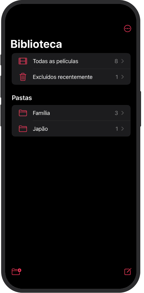 App iOS mostrando filmes organizados em pastas, ordenados por nome e data