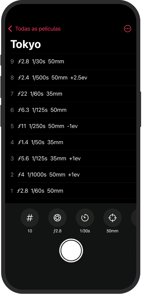 Tela iOS mostrando configurações detalhadas (câmera, lente, filme) para um rolo