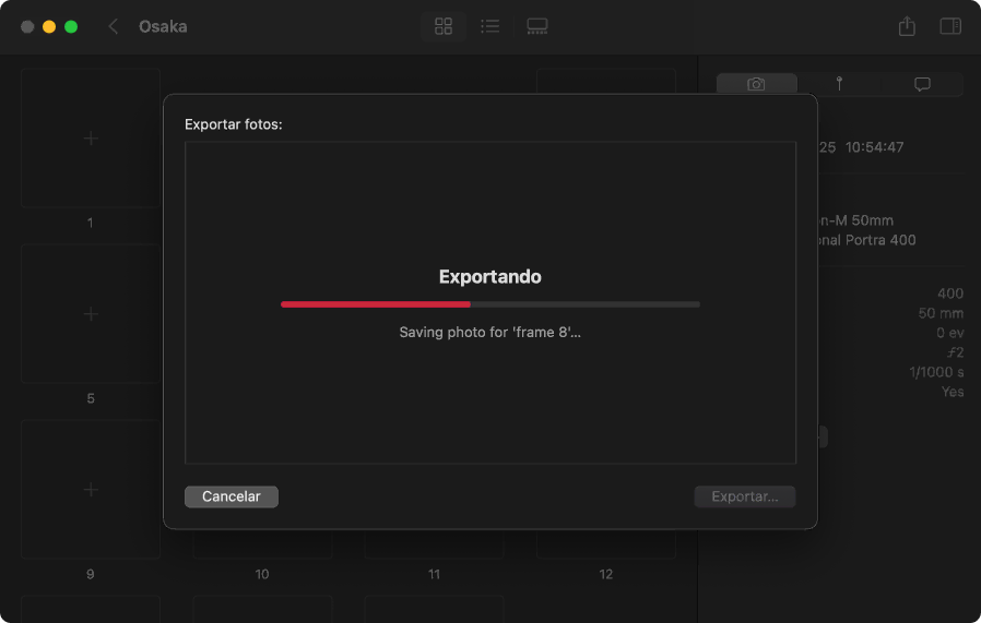 macOS exportando scan com metadados EXIF (câmera, lente)