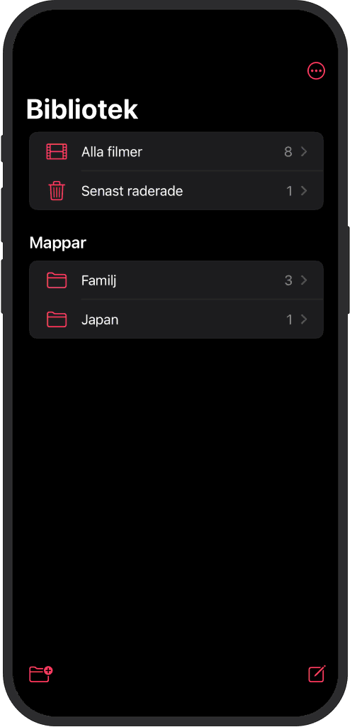iOS-app som visar filmrullar organiserade i mappar, sorterade efter namn och datum