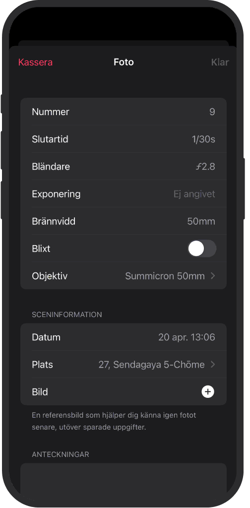 Vy över inställningar i iOS-appen med datum, anteckningar och karta för varje analog bild