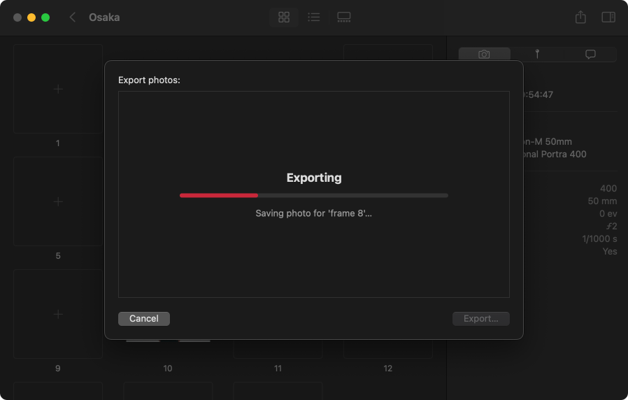 macOS som exporterar en skanning med EXIF-metadata (kamera, objektiv)