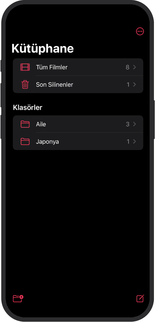 iOS uygulamasında klasörlerde düzenlenmiş filmler, isim ve tarihe göre sıralanmış